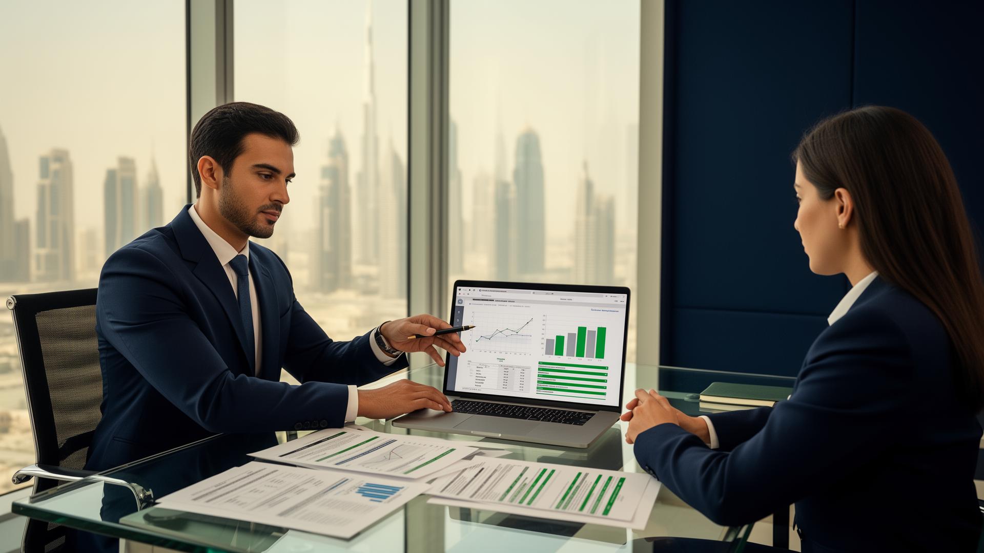 UAE consultant reviewing financial reports with a client